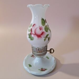 Vintage Electric Opaline Glass Hurricane Lamp Hand-Painted Floral Design